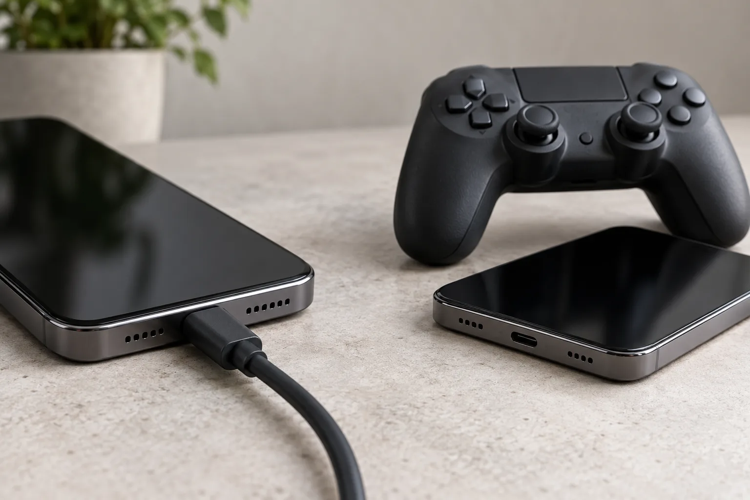 A cable seated in one phone port, with a separate controller beside a second phone whose port is open.