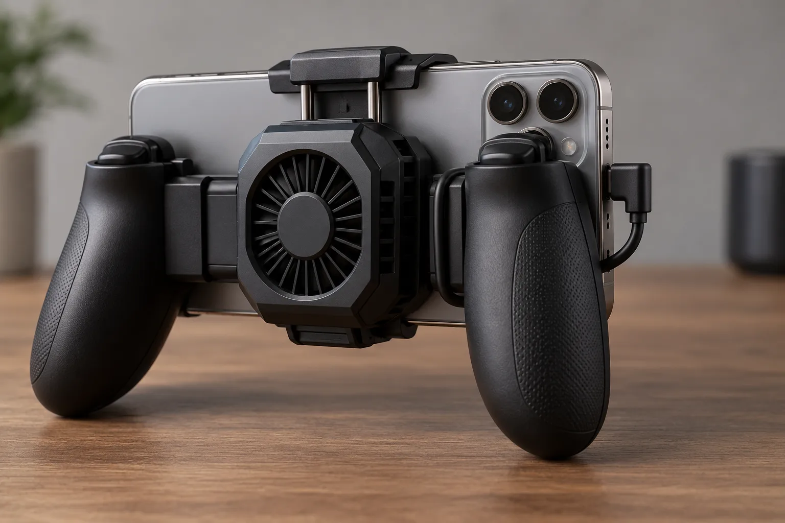 Phone in a controller with a clip-on fan between the grips and a short cable at the right grip.