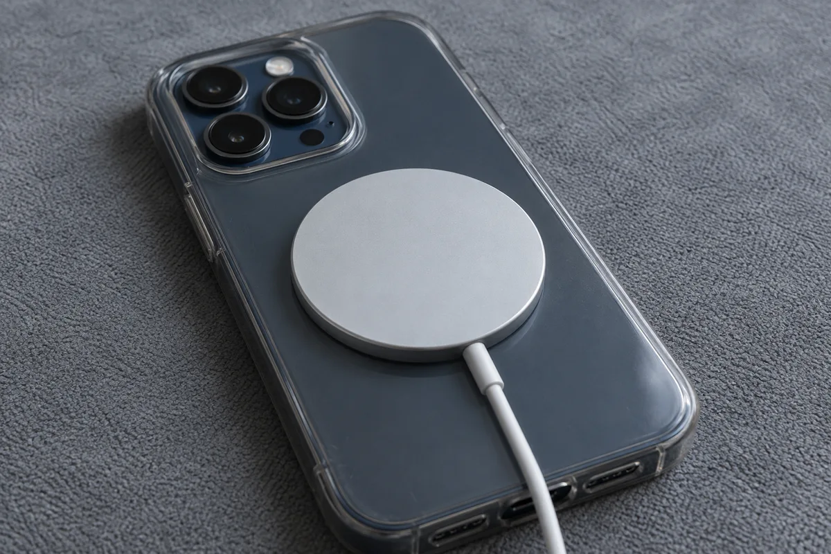 Oblique view of a charging puck seated on a phone case below a raised camera surround.