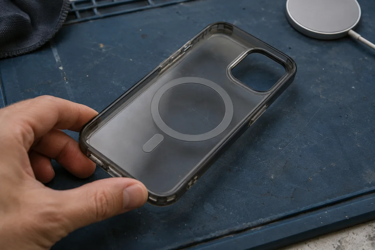 A hand holding the edge of a transparent phone case with a circular ring in its back.