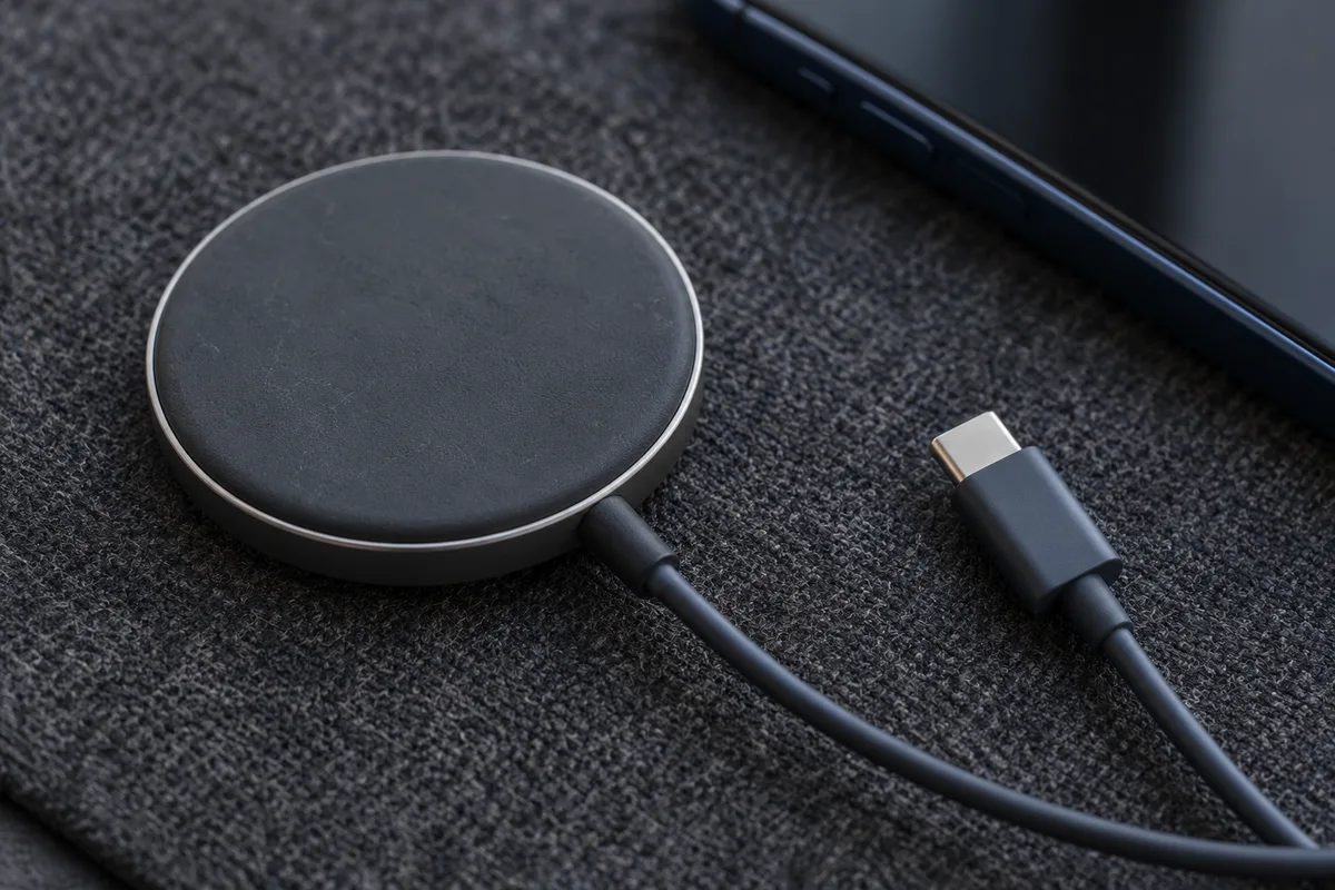 Circular charging puck with an attached cable ending in a USB-C connector on a fabric mat.