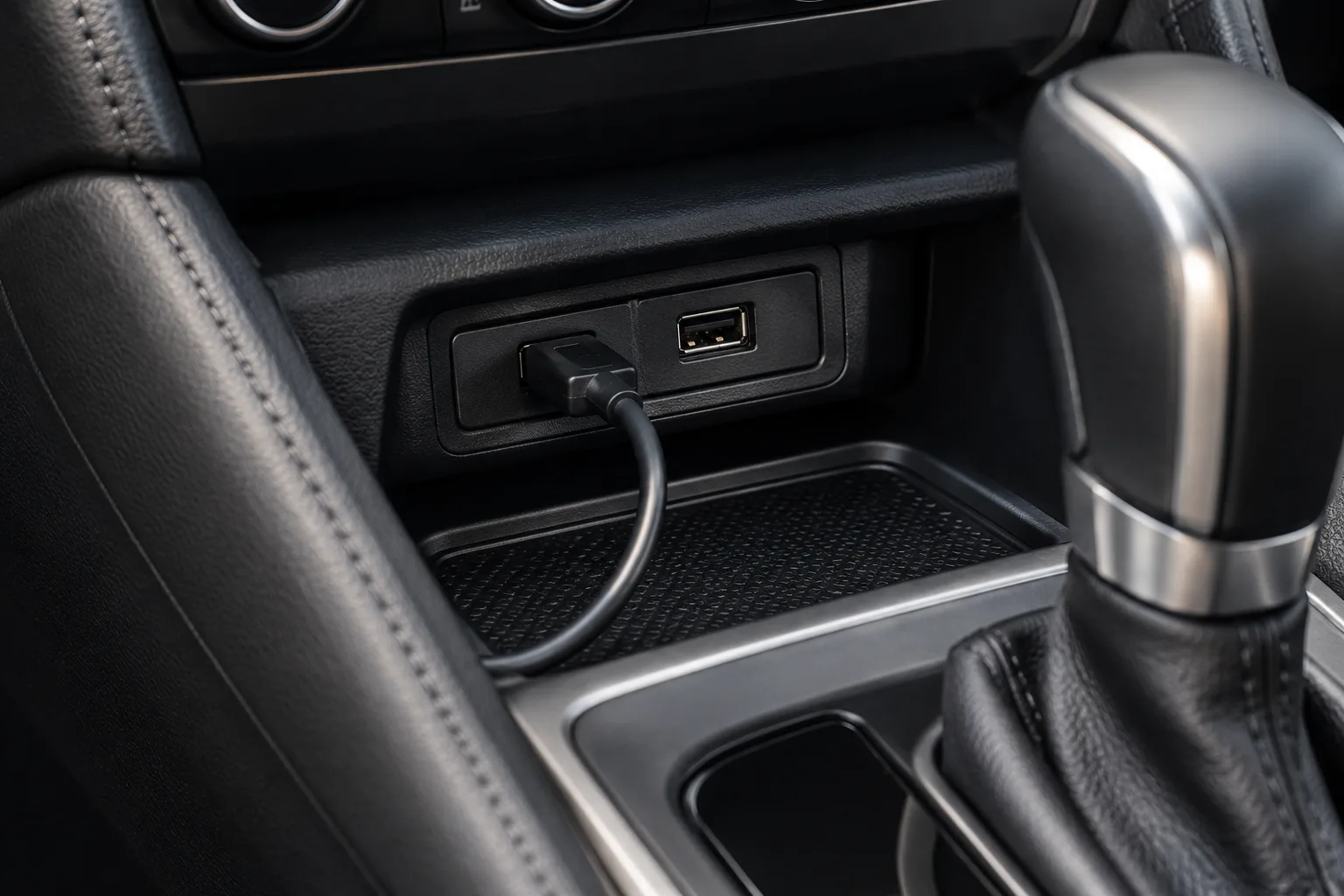 Parked console with a USB cable in one port and an empty USB port beside it.