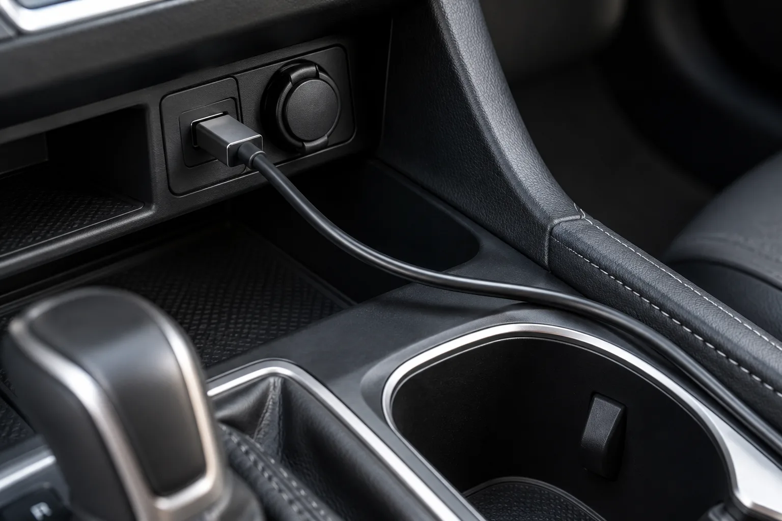 Close view of a USB cable seated in a console port, with the cable routed along the console.