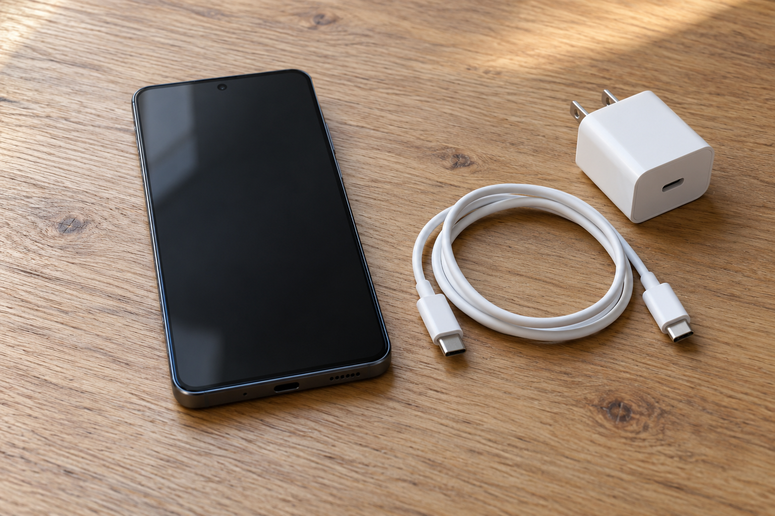 A phone with the screen off, a USB-C cable, and a small wall charger on a desk