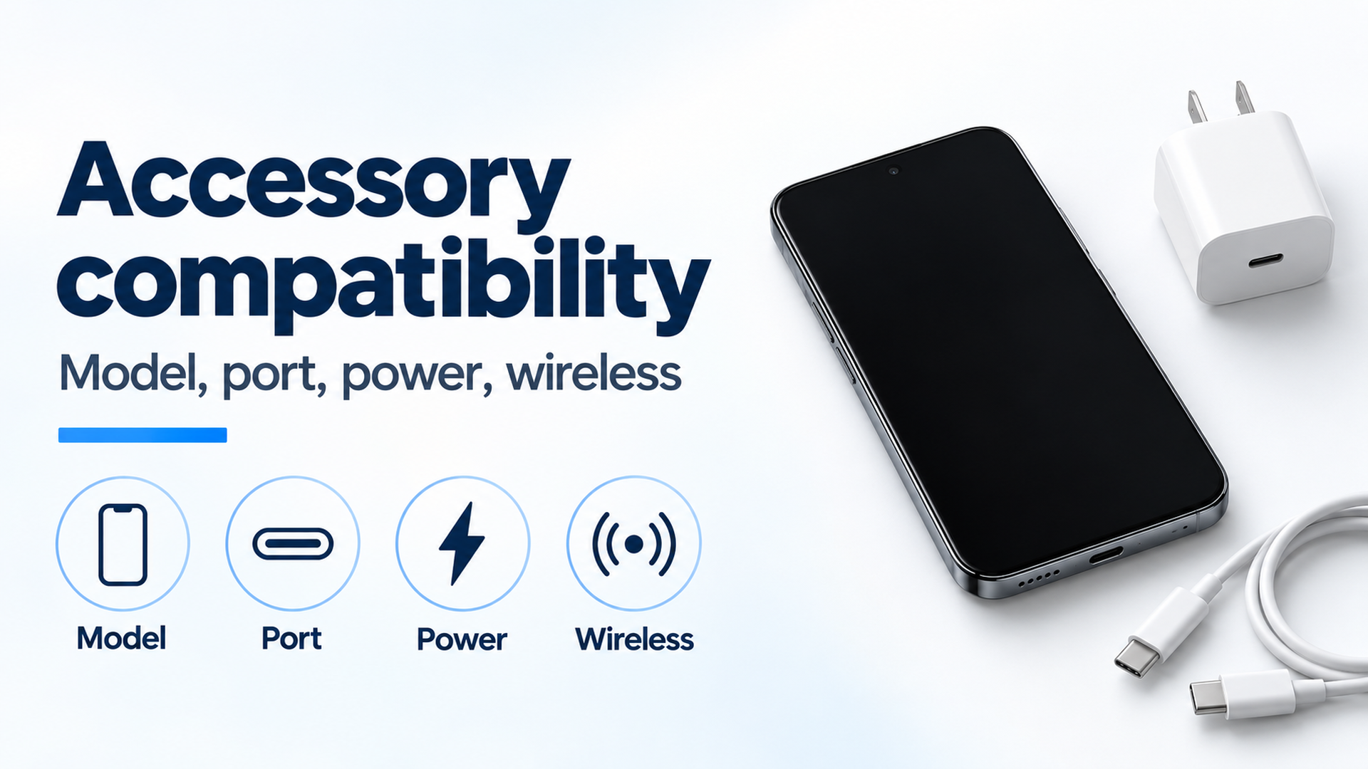 Accessory compatibility banner with model, port, power, and wireless checks beside a phone, USB-C cable, and charger