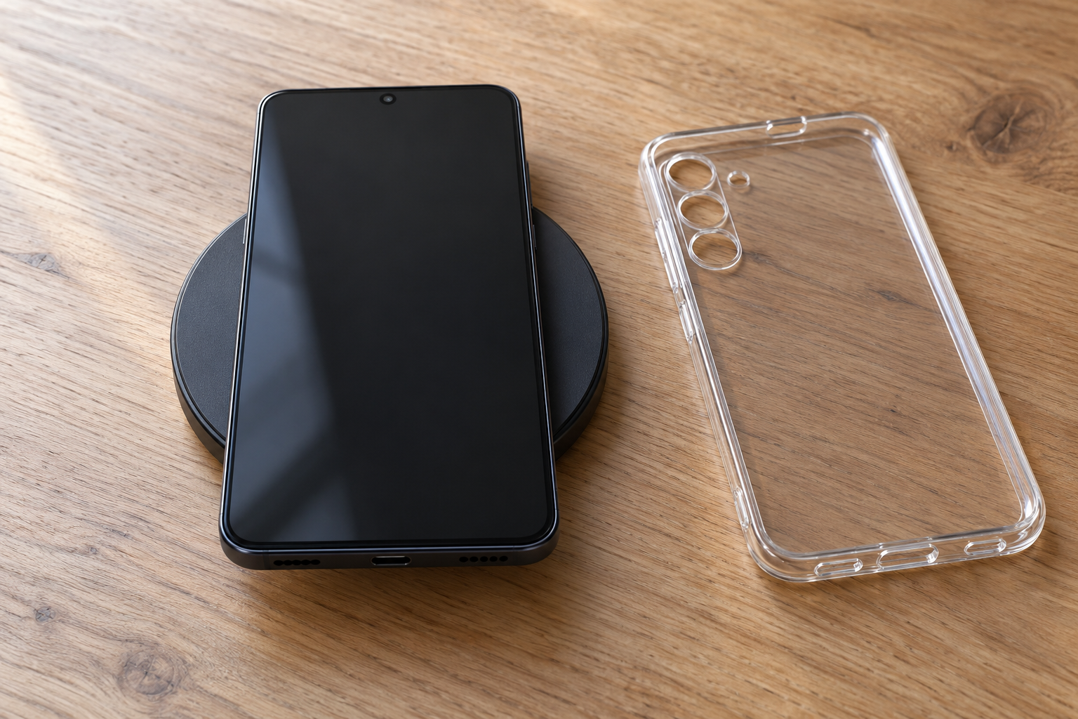 A phone with the screen off on a plain wireless charging pad, with a clear case beside the pad
