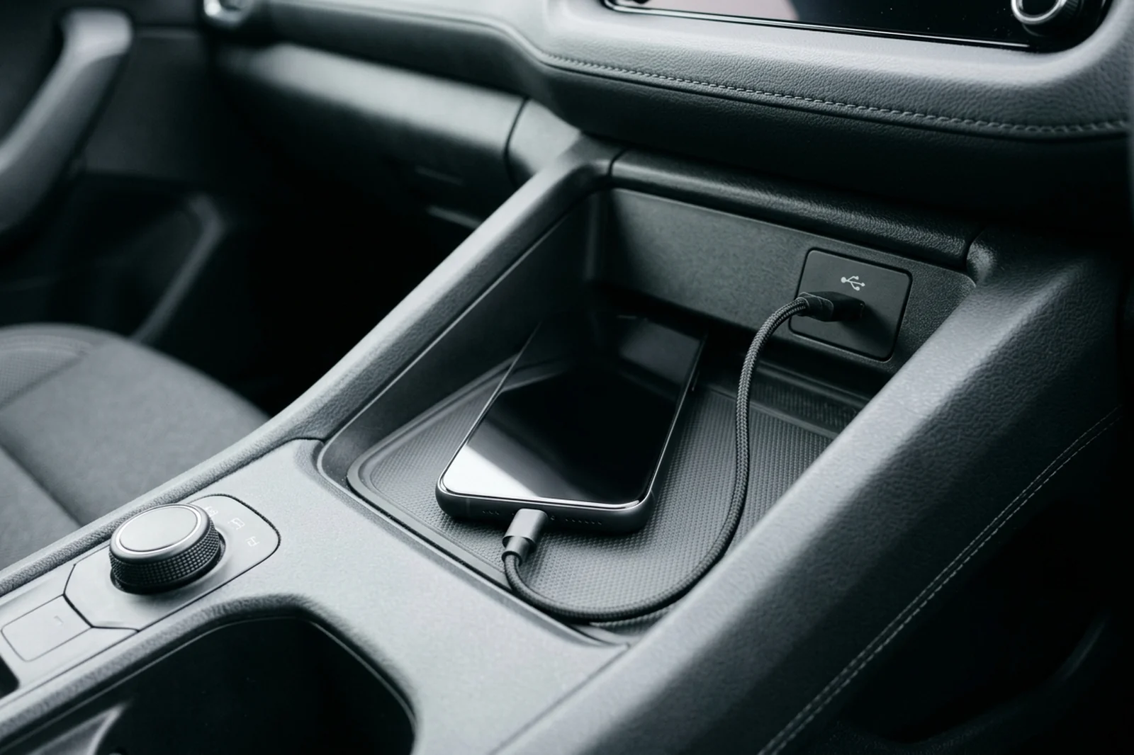 A short USB cable runs from a phone with the screen off to one port in a parked-car console.