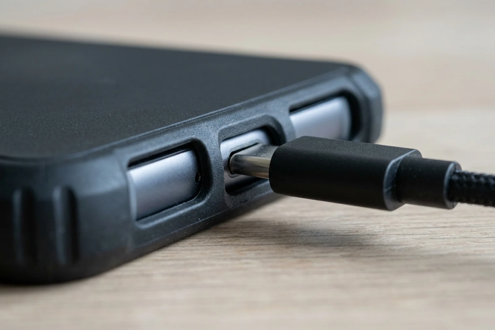 A USB-C plug stopped by a thick phone case before it can seat in the port.
