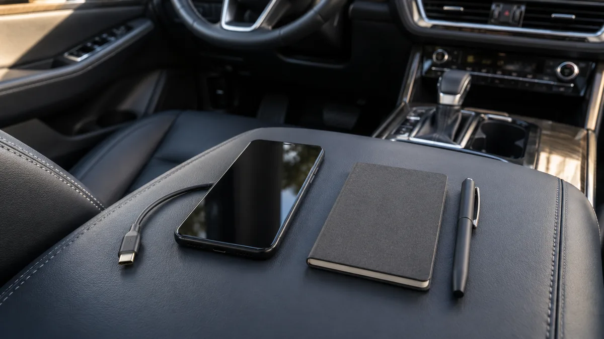 A dark-screen phone beside a closed plain notebook, pen and disconnected cable in a car console.