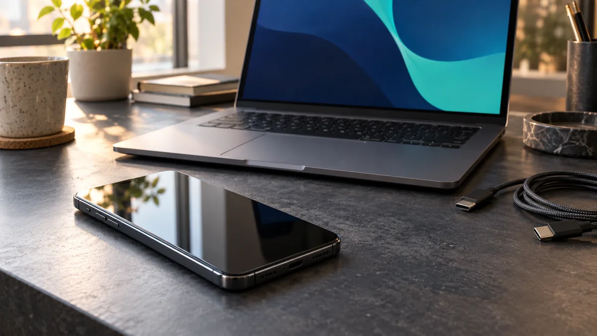 A dark-screen smartphone on a desk in front of a laptop, with a disconnected USB cable beside it.