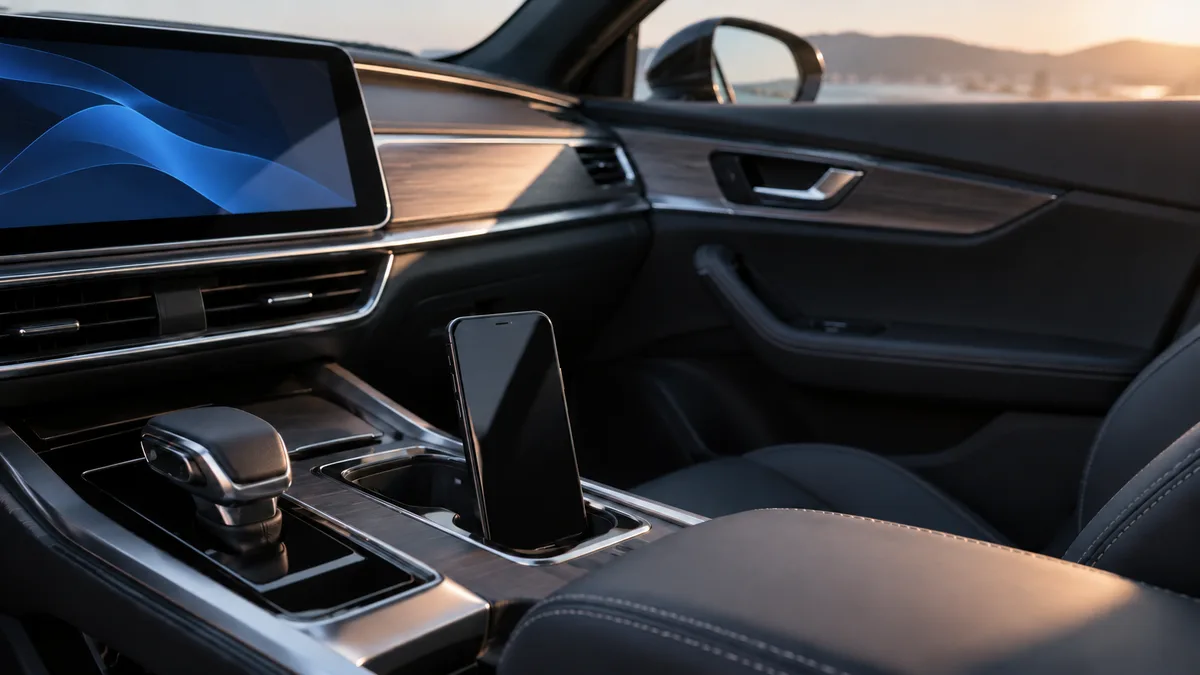 An upright dark-screen phone in a car console with a blue dashboard display behind it.