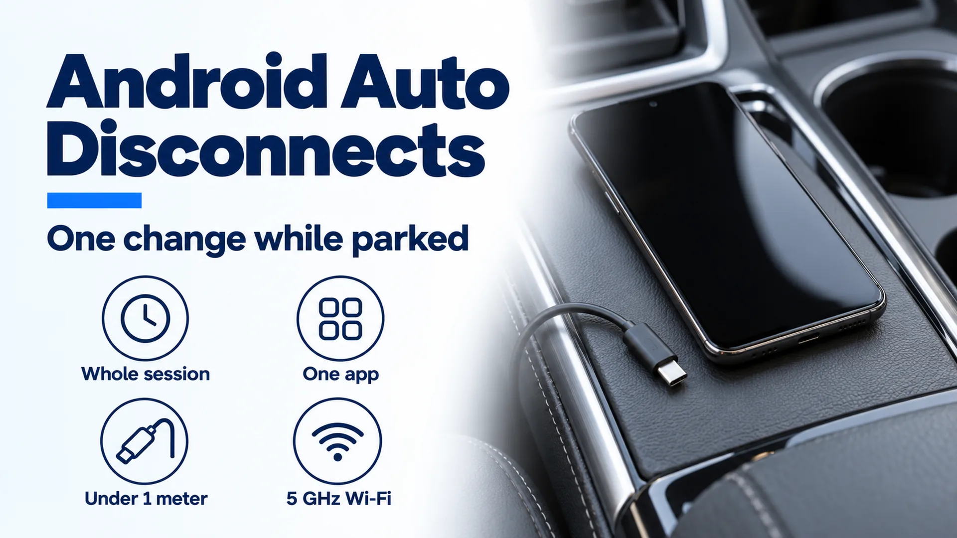 Android Auto disconnect banner with whole session, one app, under 1 meter, and 5 GHz Wi-Fi beside a phone and loose cable in a car