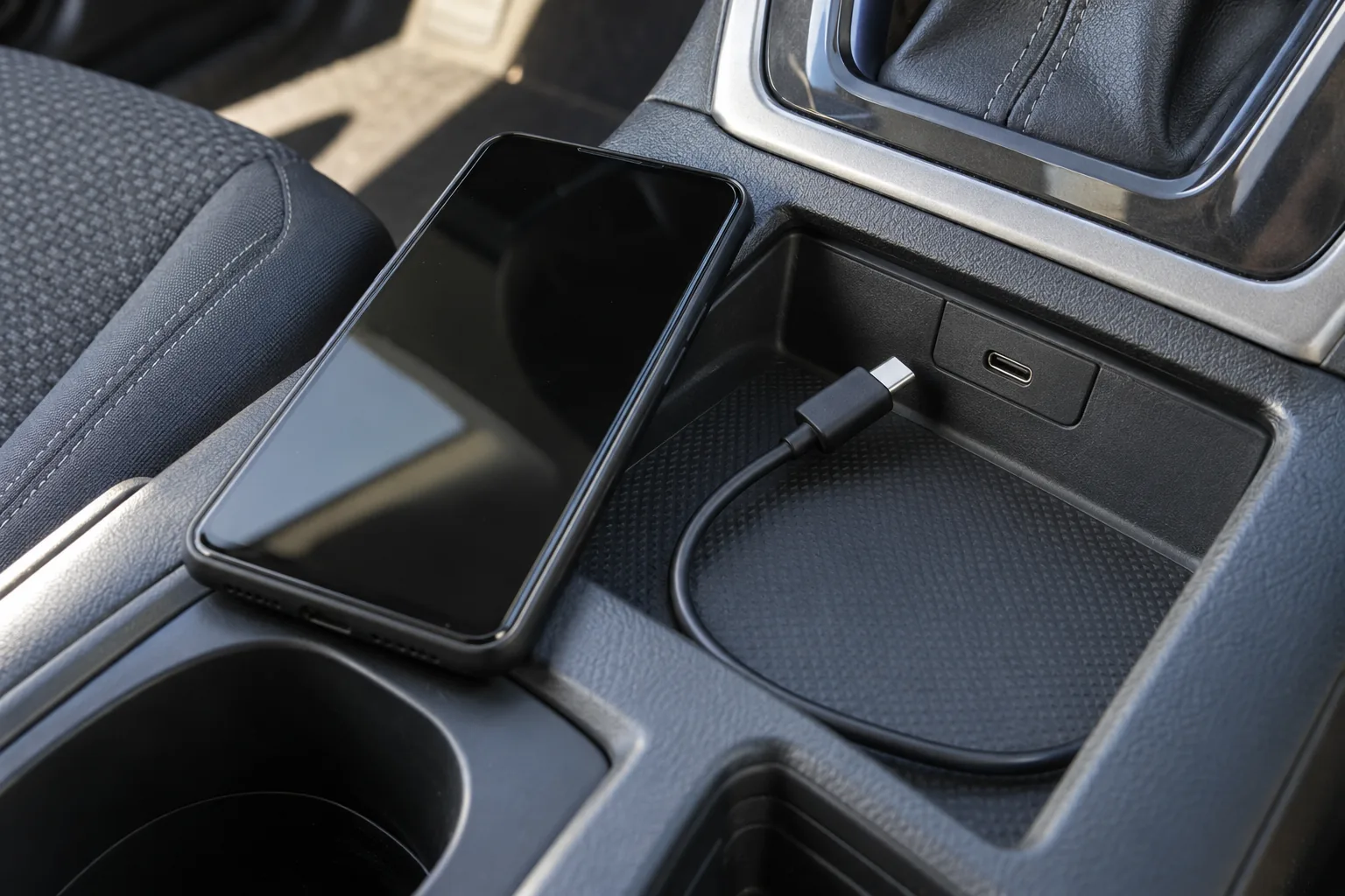 A phone with the screen off and a loose USB-C cable on a parked-car console, next to an empty port.