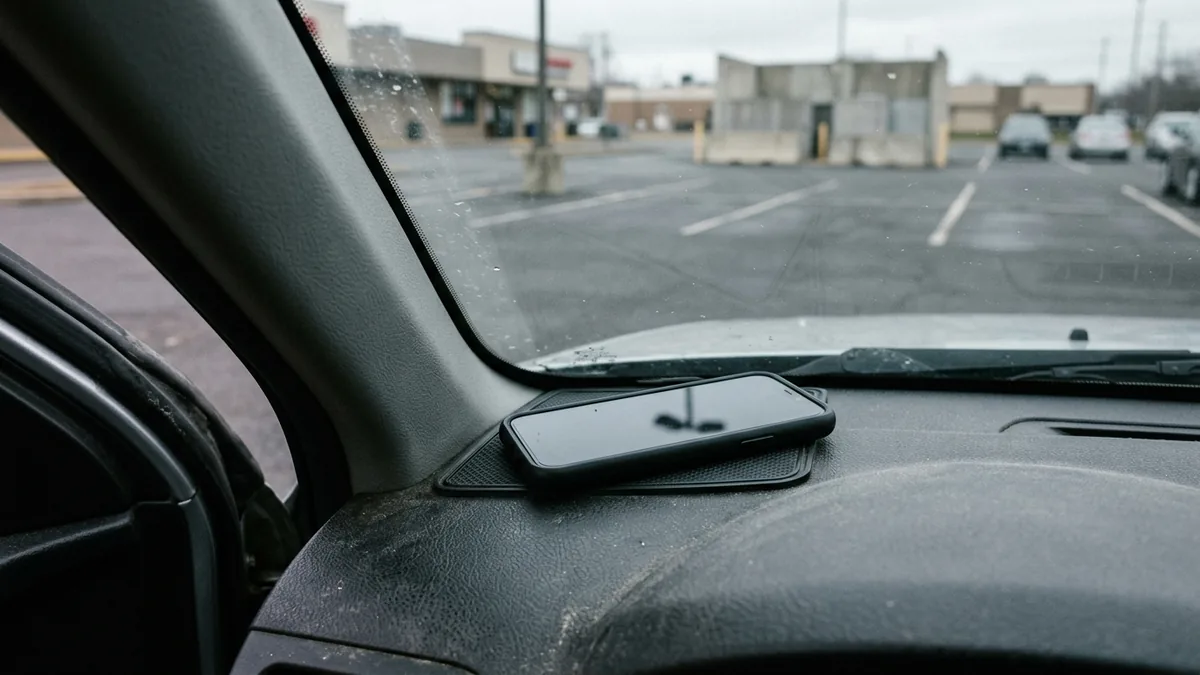 Smartphone in a dark protective case resting on a non-slip mat on the upper dashboard near the driver-side A-pillar with an open overcast parking lot visible through the windshield