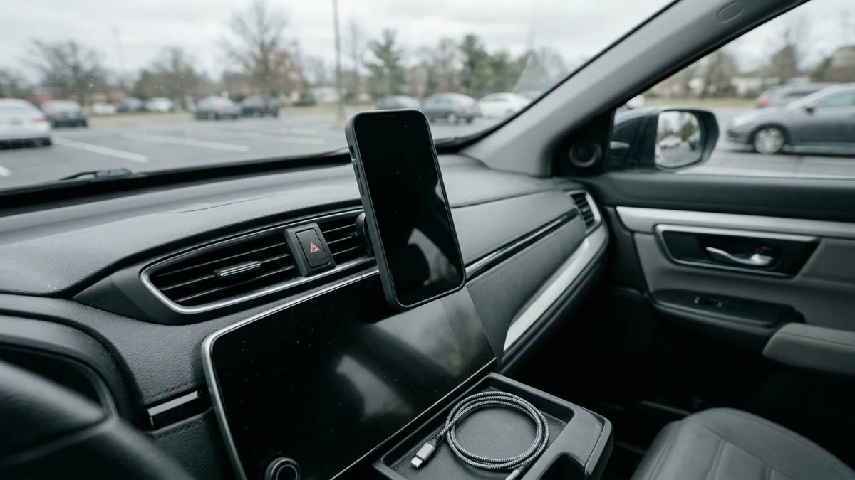 Smartphone in a matte dark case clipped to a car dashboard vent mount with an unplugged braided USB-C cable resting in the console tray below a dark infotainment screen