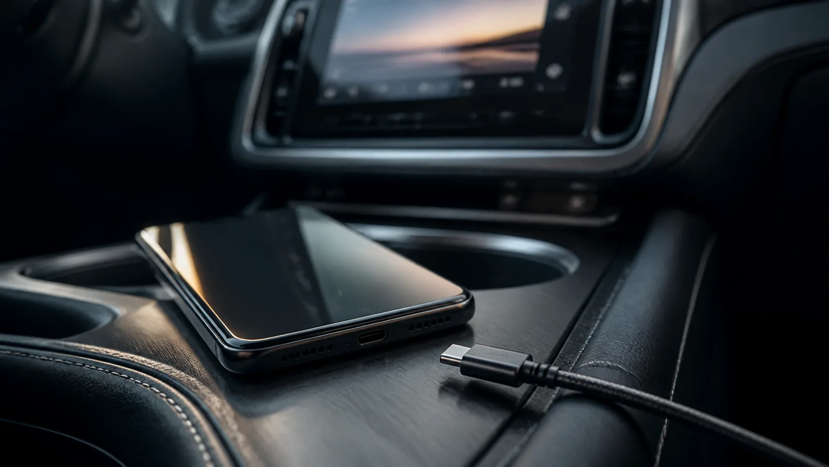 AI-generated close-up of a phone and disconnected USB-C cable in a parked car