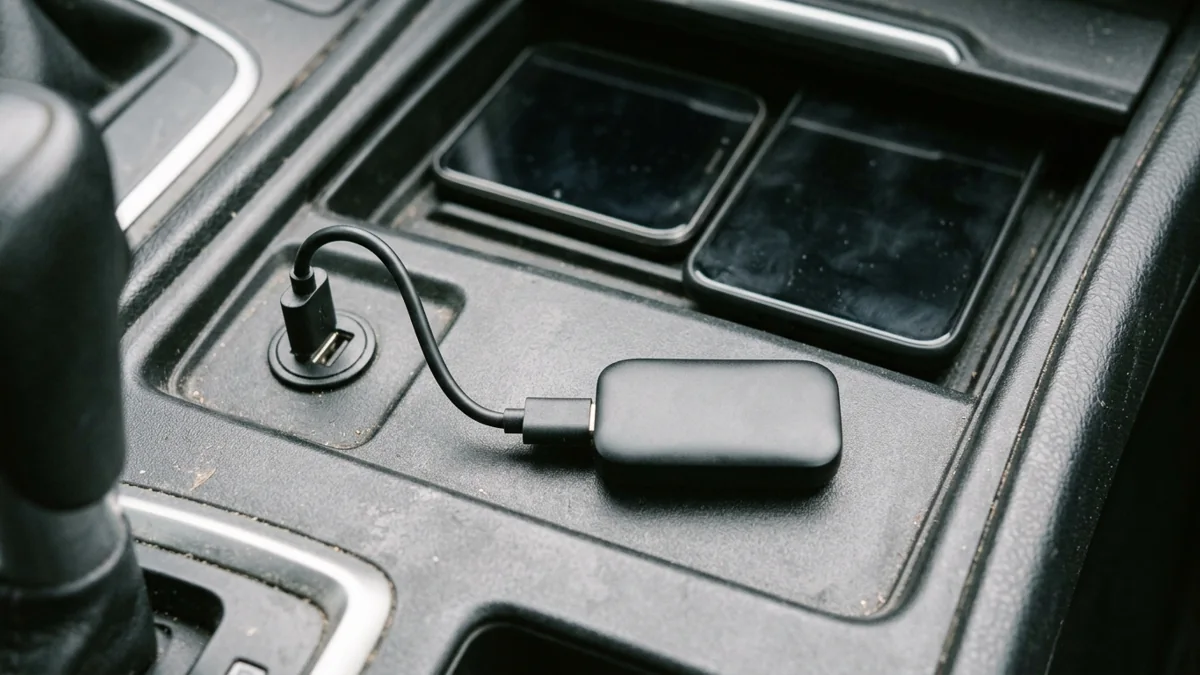 A small black adapter connected by a short cable inside a car console, with two dark-screen phones nearby.