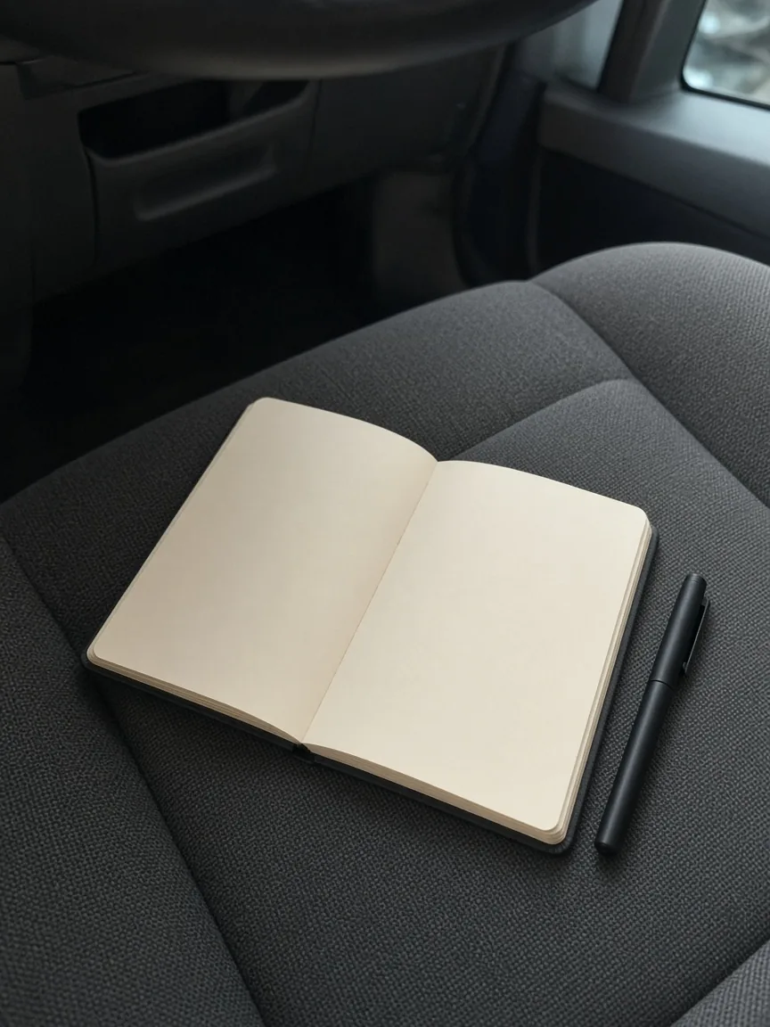 An open notebook with blank pages and a pen on a gray passenger seat.