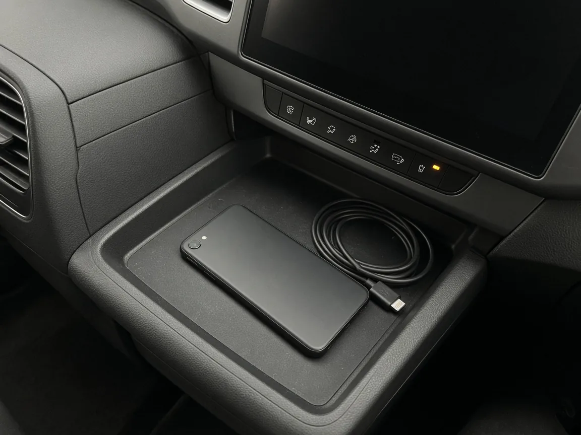 A dark phone lies face down on a center tray beside a coiled cable, under a dark display.