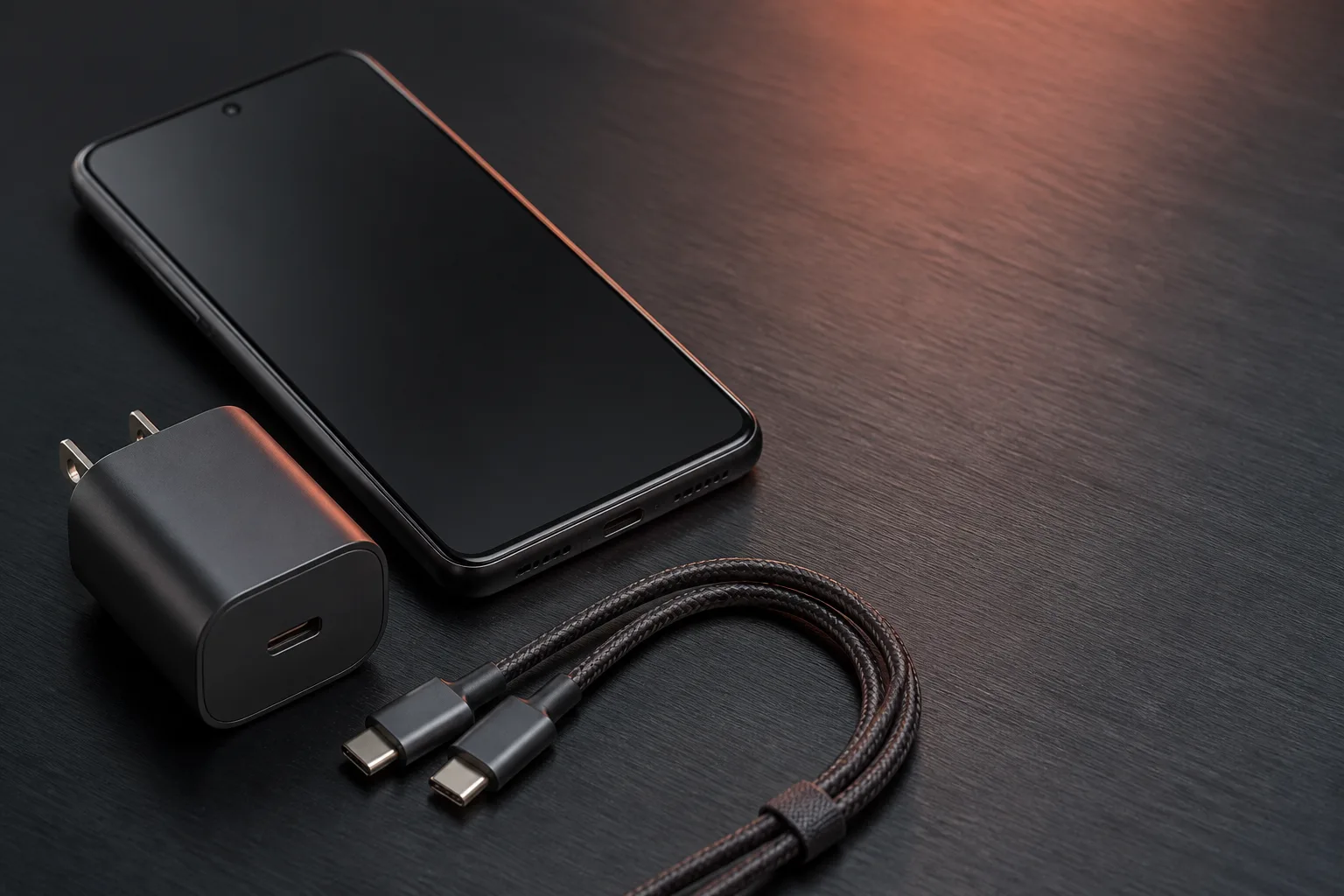 An Android phone, USB-C charger, and braided cable on a graphite desk