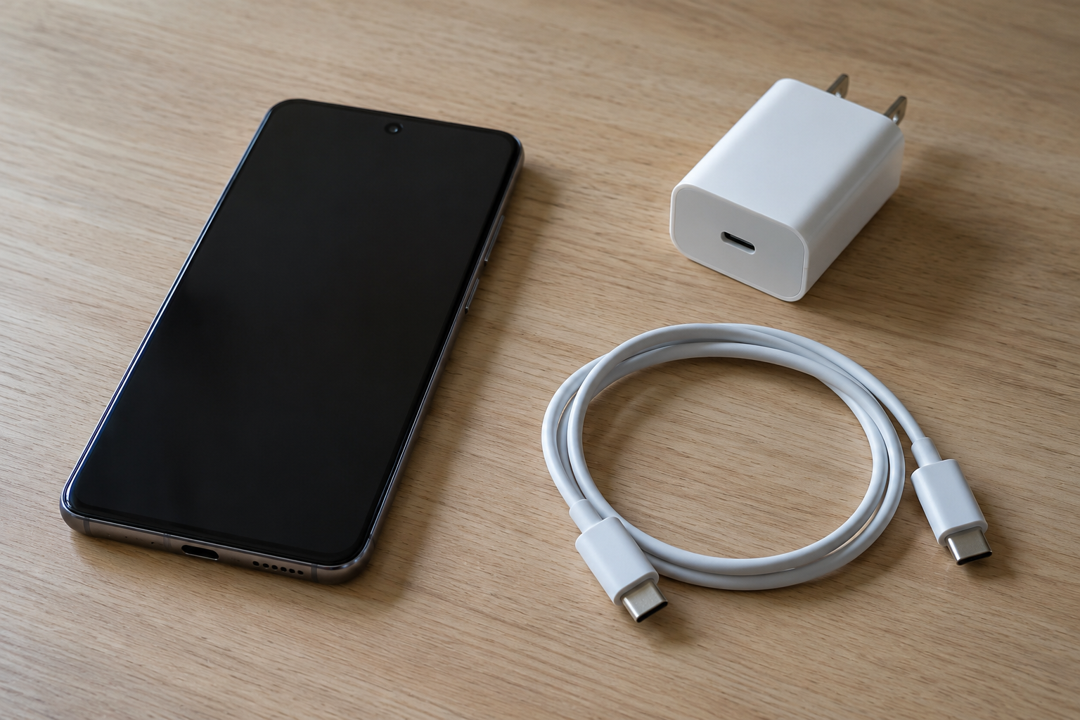 An Android phone with the screen off, a USB-C cable, and a small wall charger on a desk