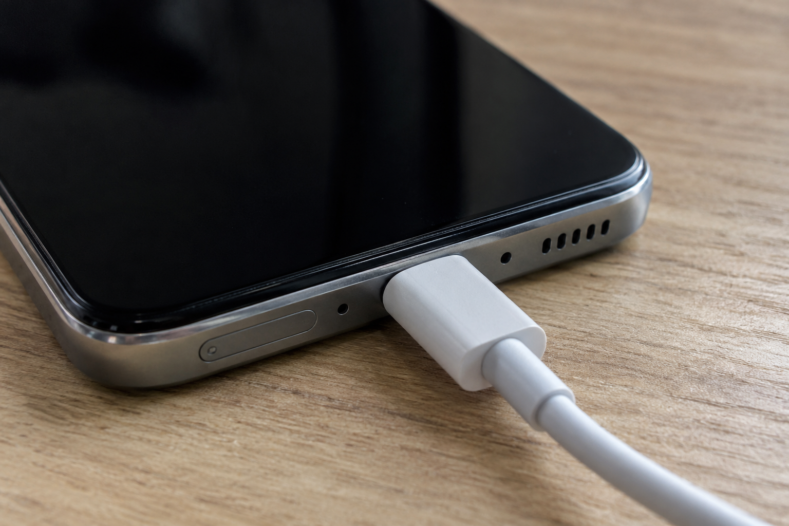 A USB-C plug at the port of a phone with the screen off