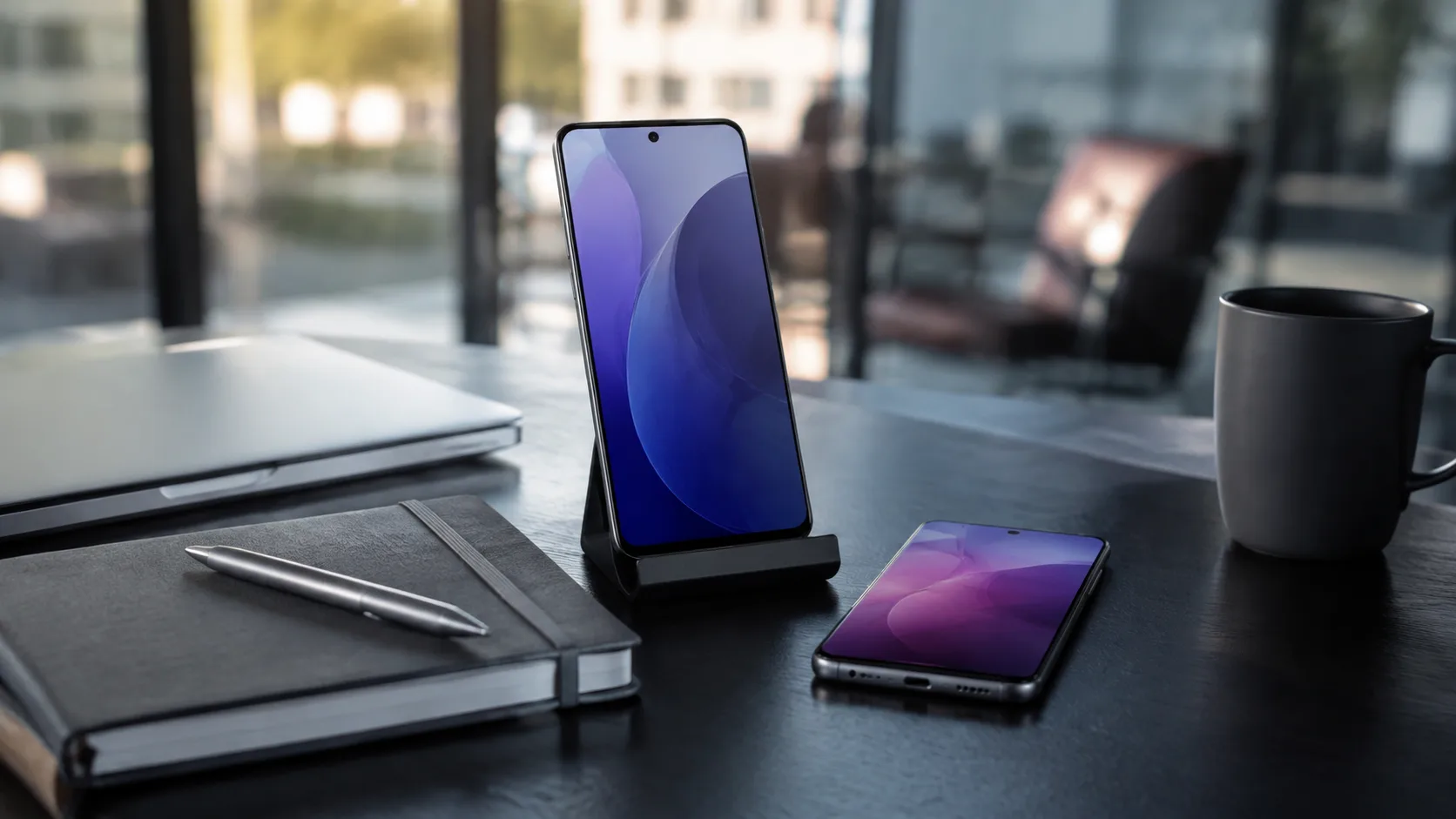 Two smartphones in an office workspace