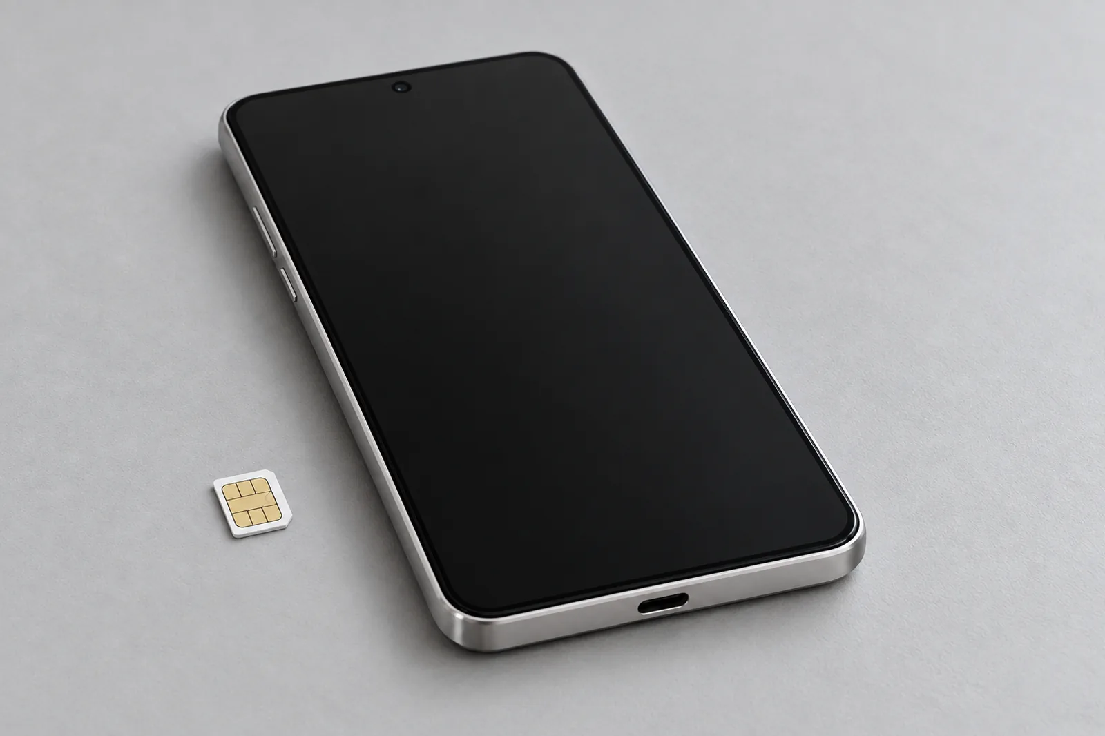 Example of a generic Android phone beside a blank nano-SIM card.