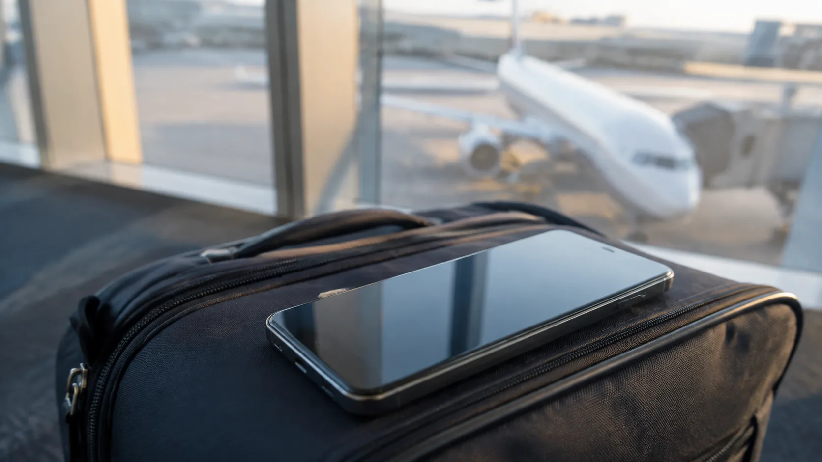 AI-generated travel scene of a smartphone on luggage beside an airport window