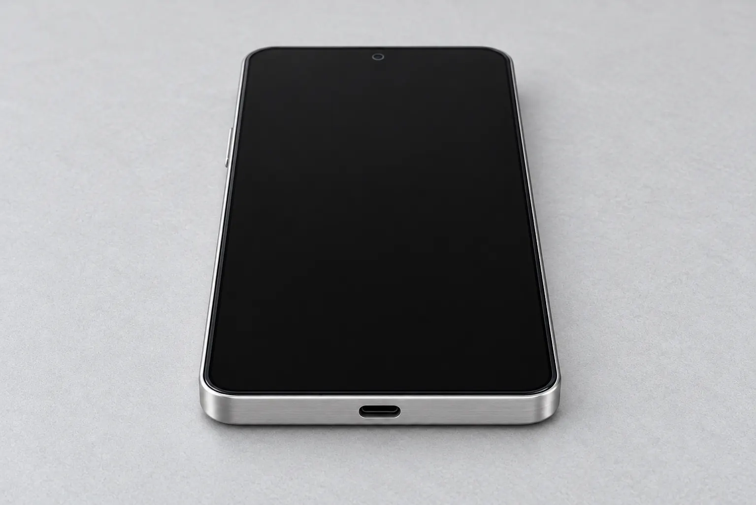 Example of a generic Android phone on a desk, bottom edge forward, with one centered USB-C port and no other openings on that edge.