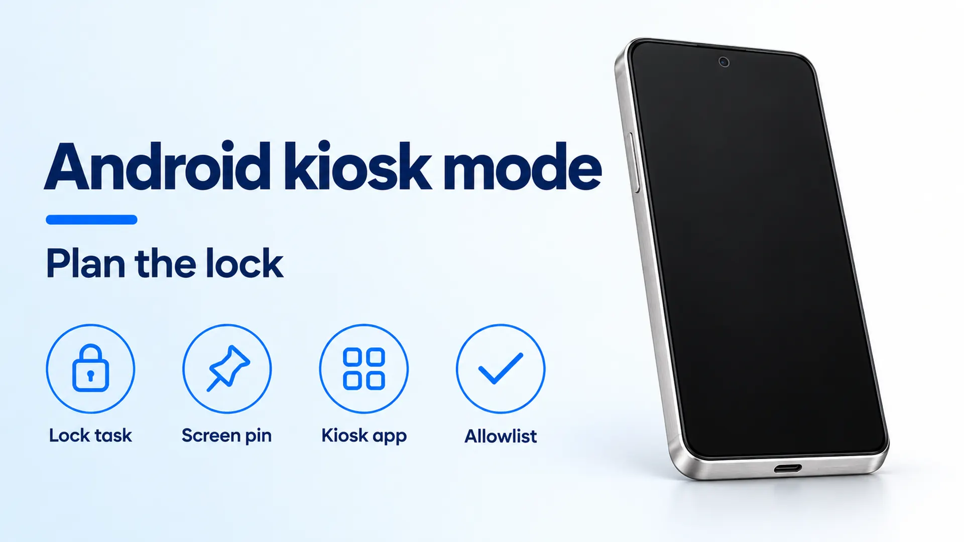Android kiosk mode banner with lock task, screen pin, kiosk app, and allowlist labels beside a phone