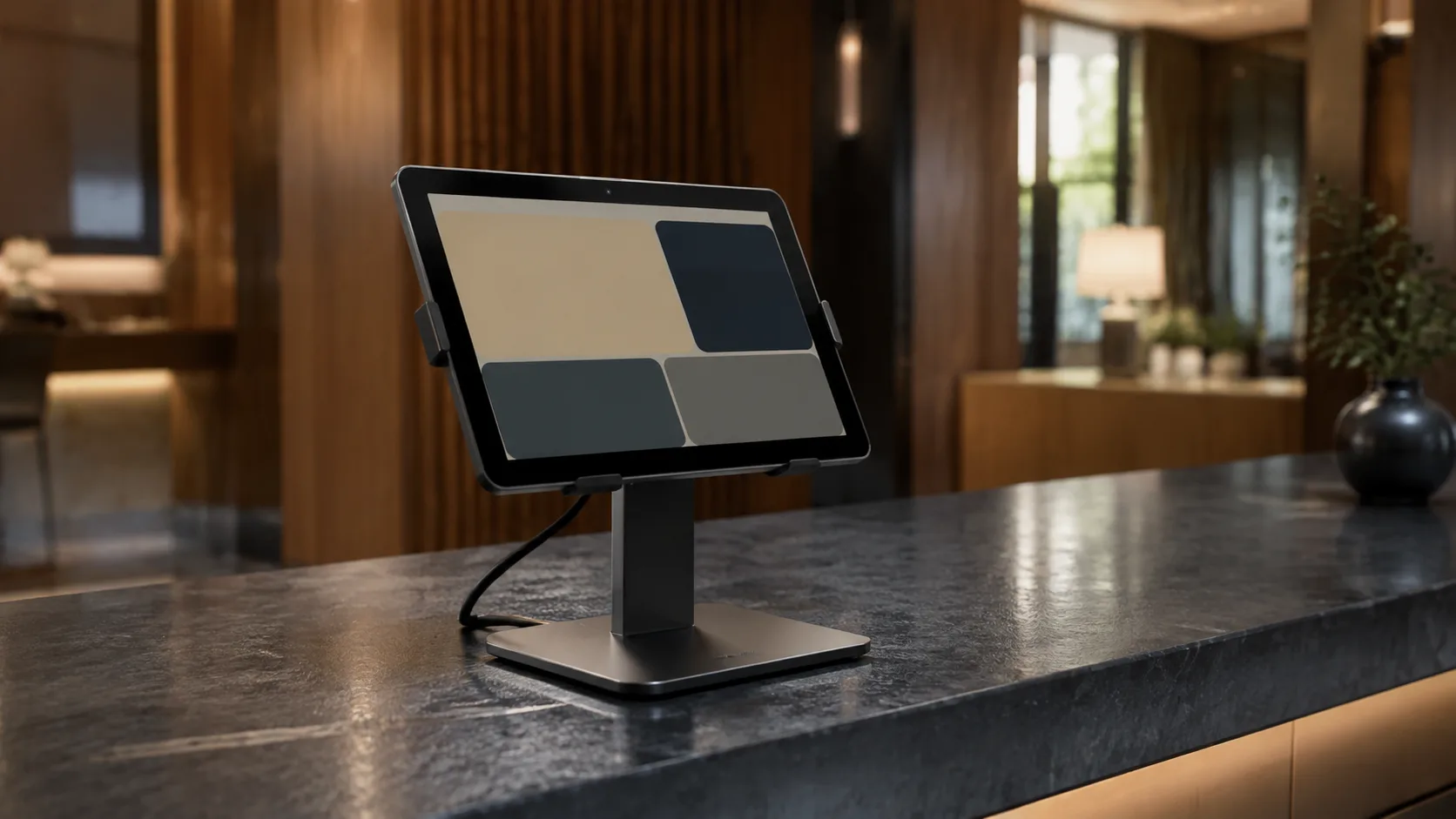 AI-generated scene of a tablet mounted on a reception counter
