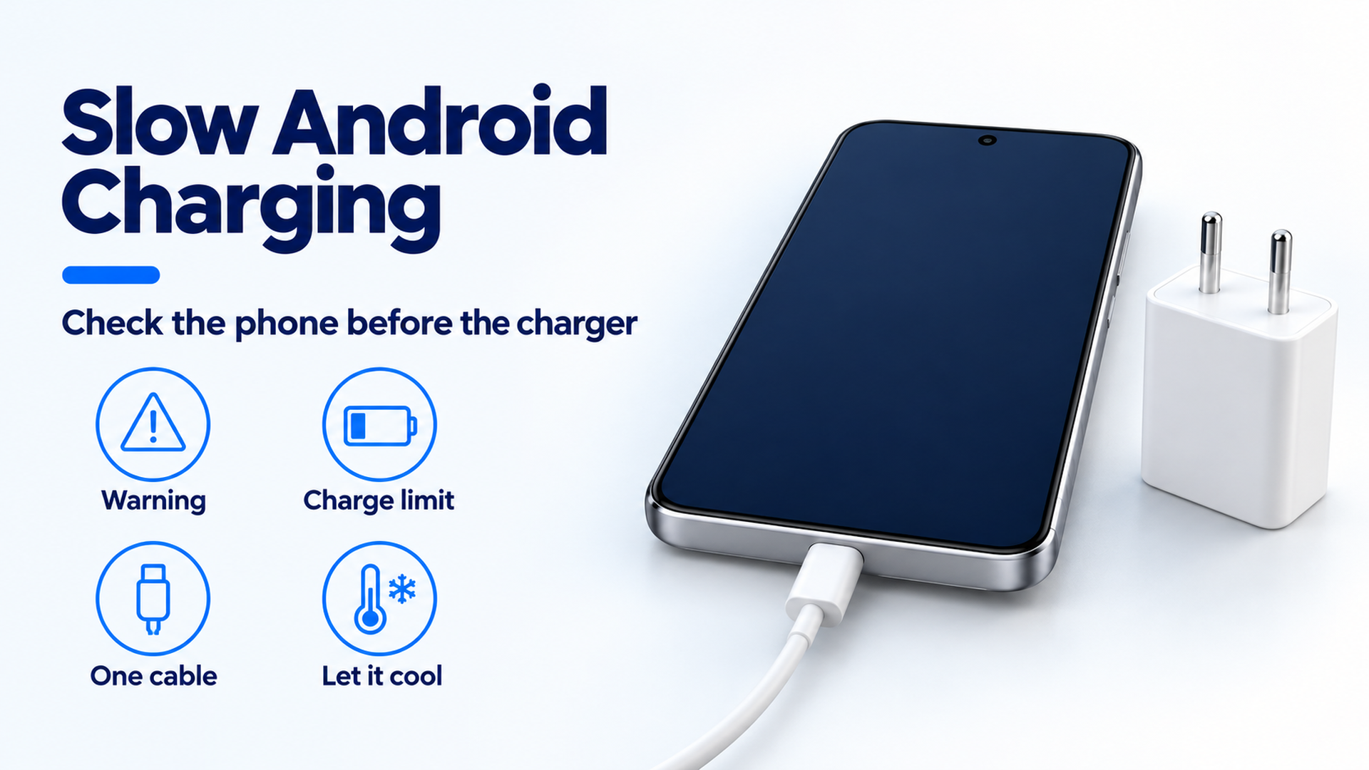 Check order for a slow Android charge: warning, charge limit, one cable, and cooling, beside a generic handset