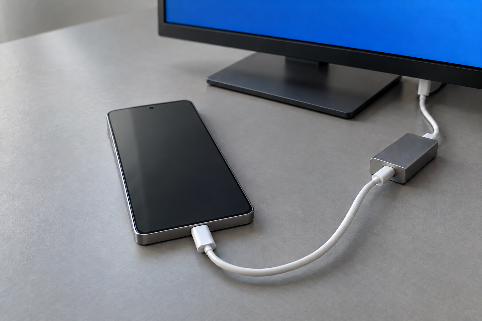 A generic Android phone on a gray desk, with one cable leaving the centered port on a blank bottom edge and running toward a monitor.