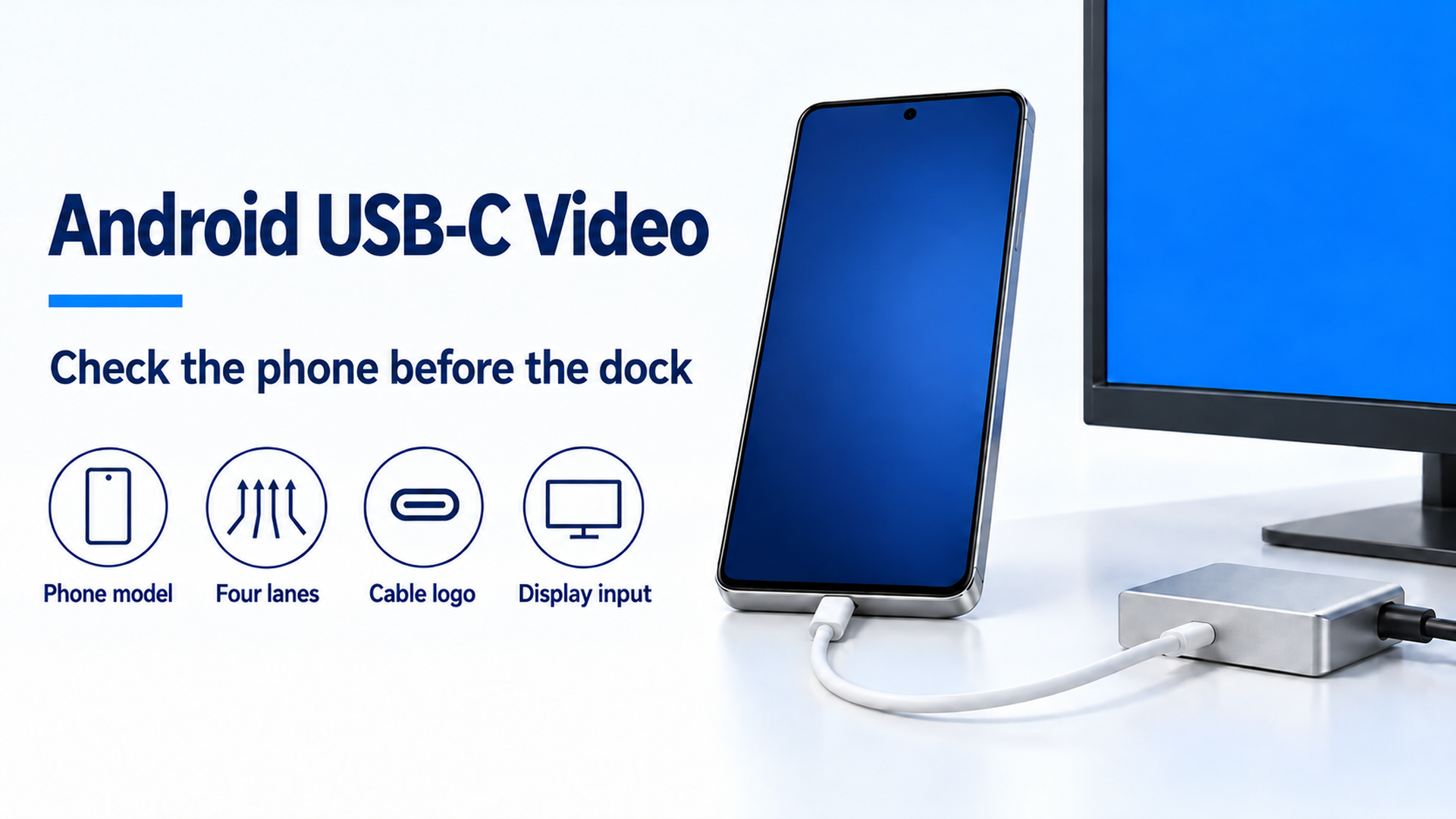 Android USB-C video banner with phone model, four lanes, cable logo, and display input beside a generic handset