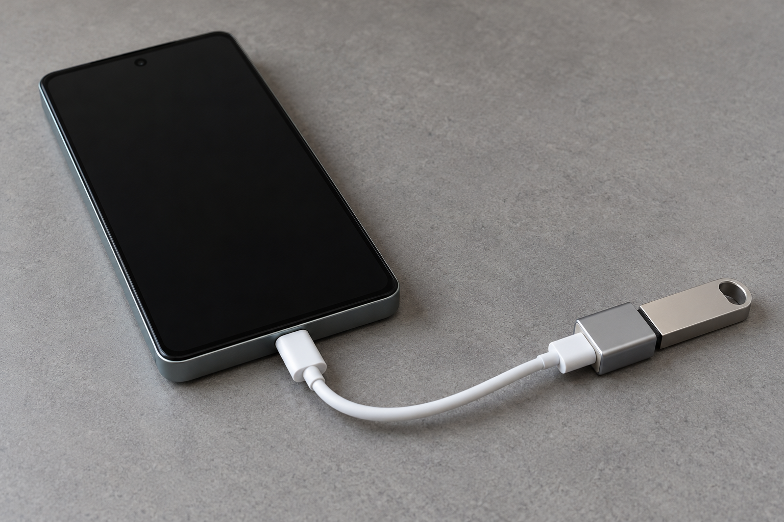 A generic Android phone on a gray desk, with one cable leaving the centered port on a blank bottom edge and running to a small adapter and a plain flash drive.