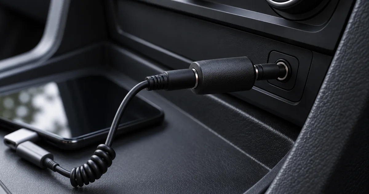 A small plug-in ground loop isolator fitted into a car's AUX jack, with the stereo cable from a phone's USB-C dongle plugged into it.