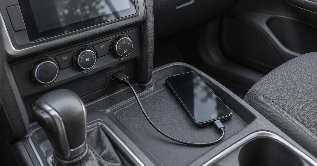 A phone connected by one direct USB cable in a parked car, with the receiver and cable path visible.