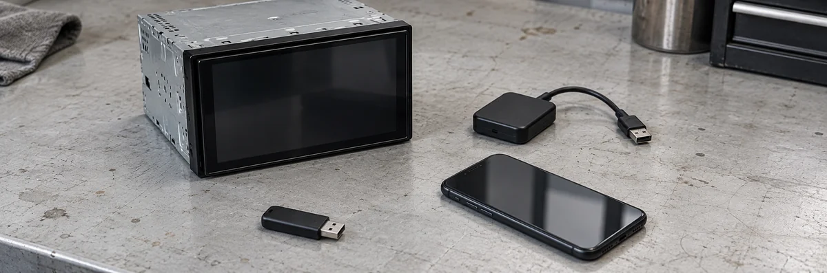 A generic receiver, a separate wireless adapter, a USB flash drive and a phone arranged on a workbench.