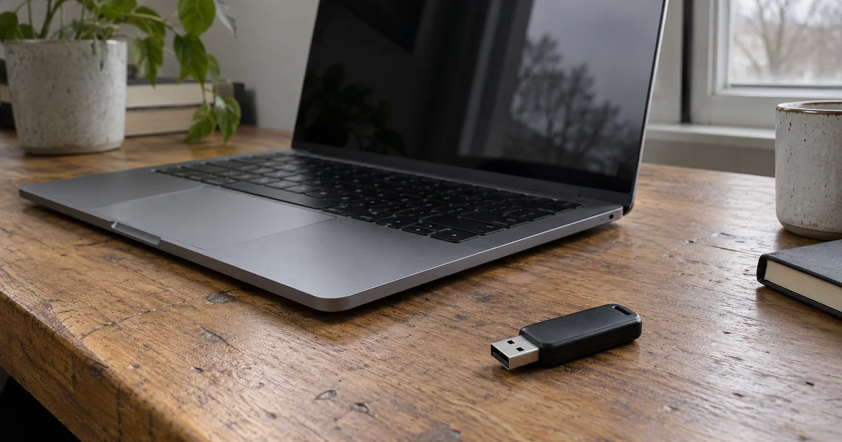 A plain USB flash drive beside a laptop on an ordinary desk, illustrating the separate file-preparation stage.
