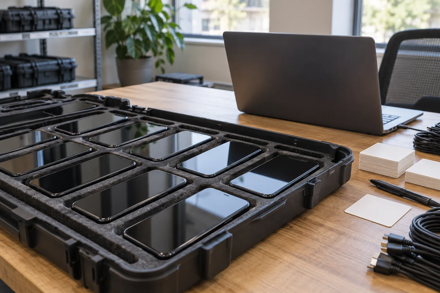 Fleet-preparation workbench with phones in a padded tray