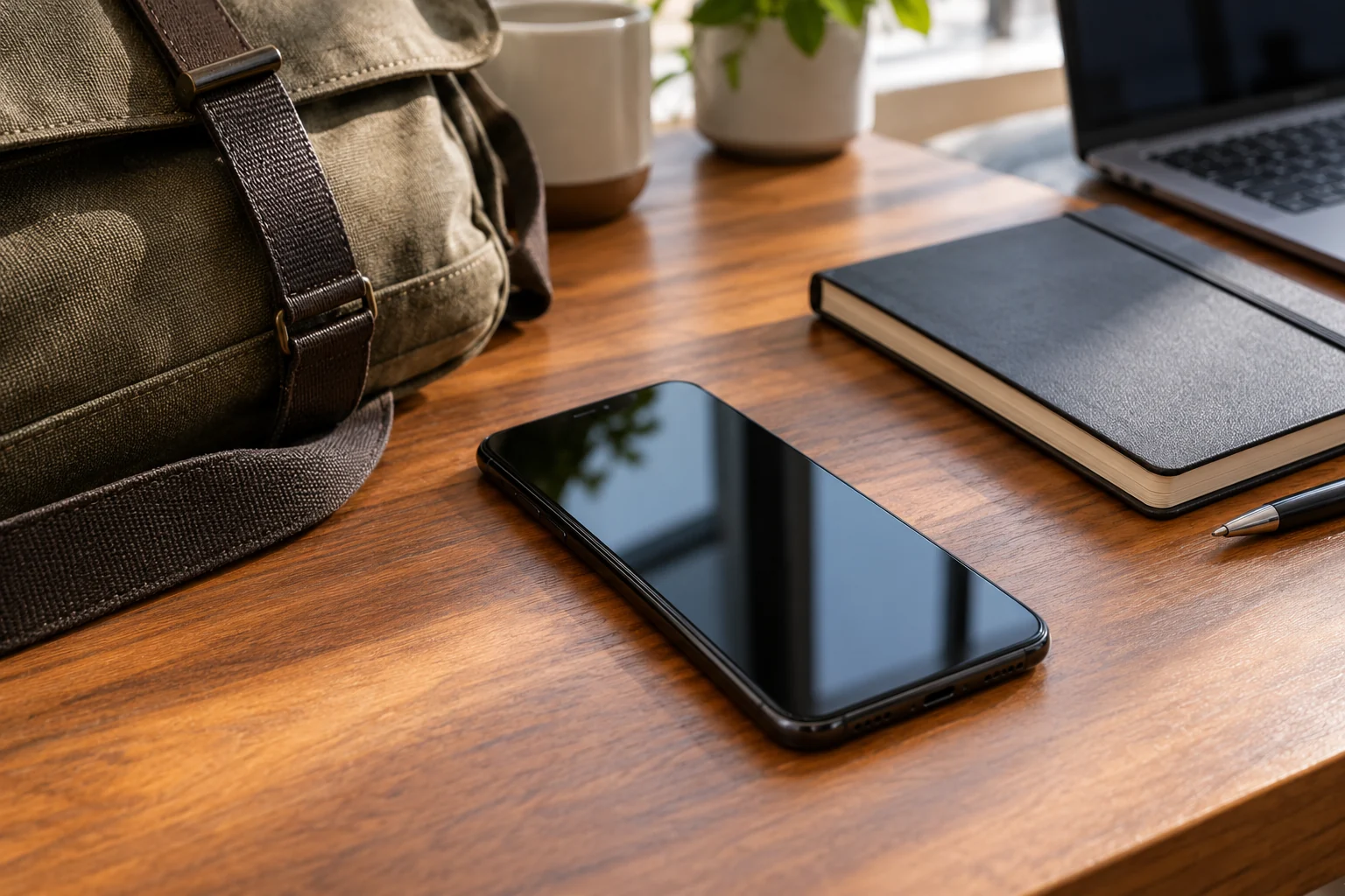Personal-device planning workspace with a phone, bag and notebook