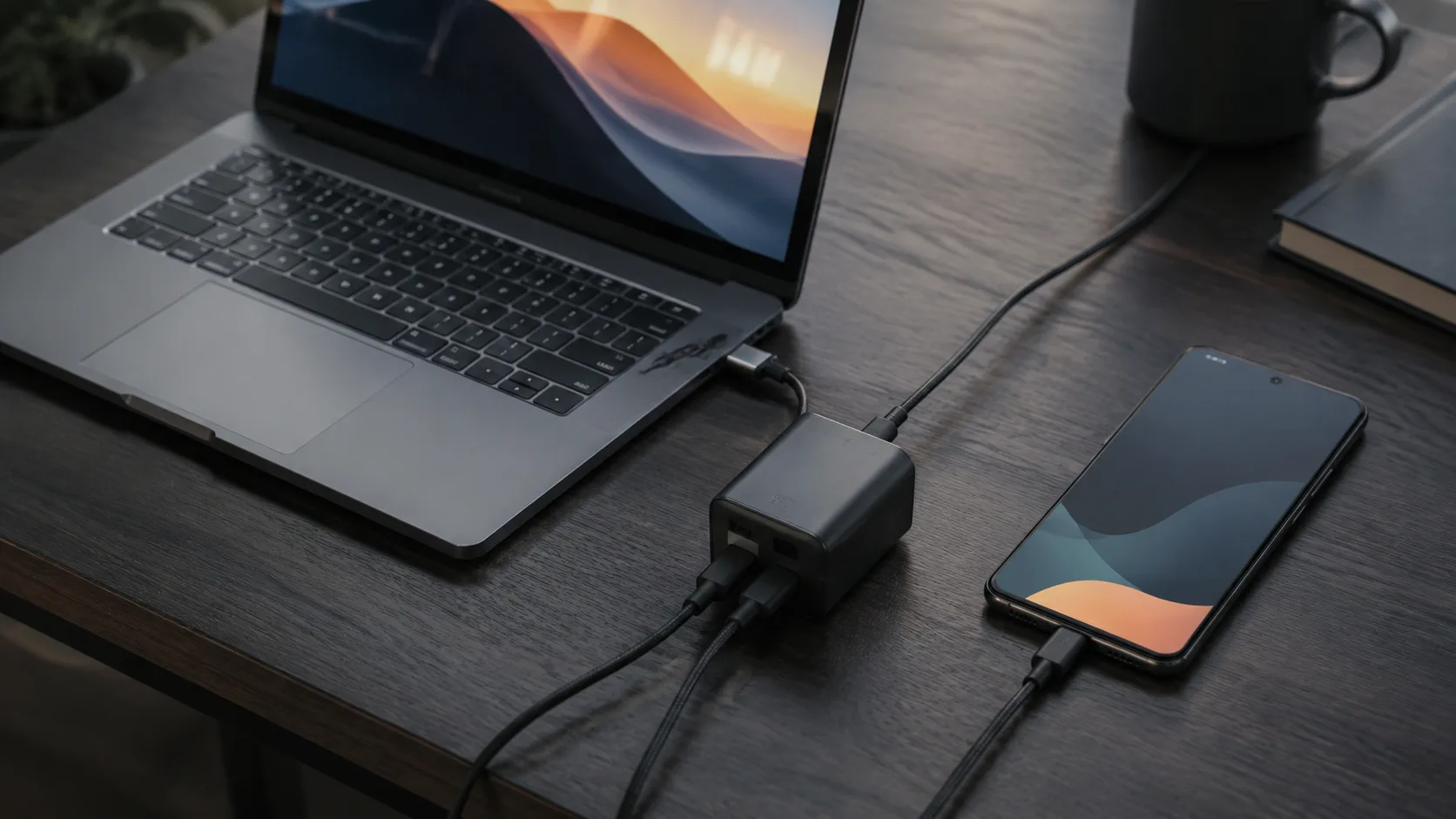 AI-generated scene of a laptop and smartphone beside a USB-C power adapter