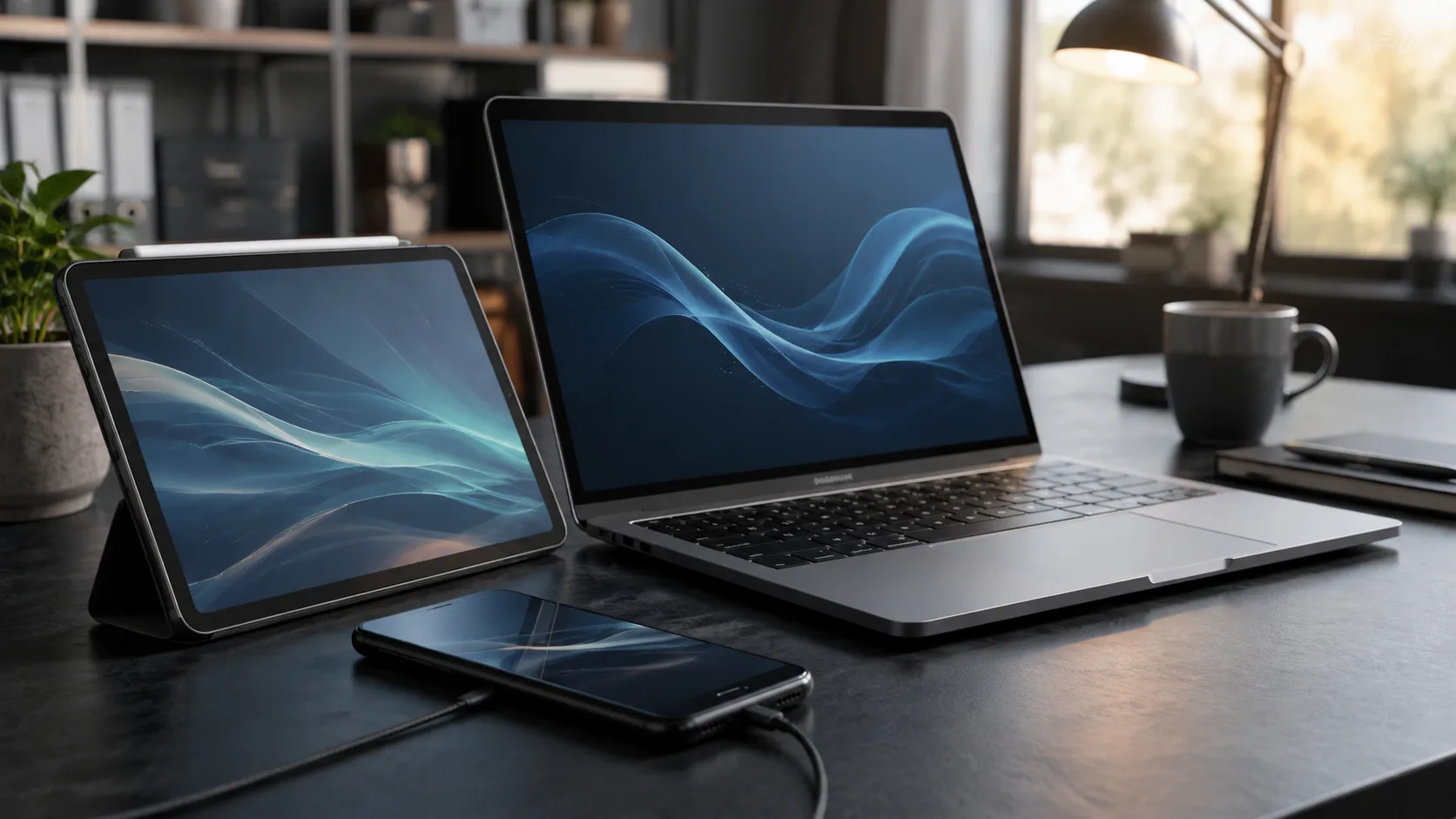AI-generated workspace with a laptop, tablet and smartphone