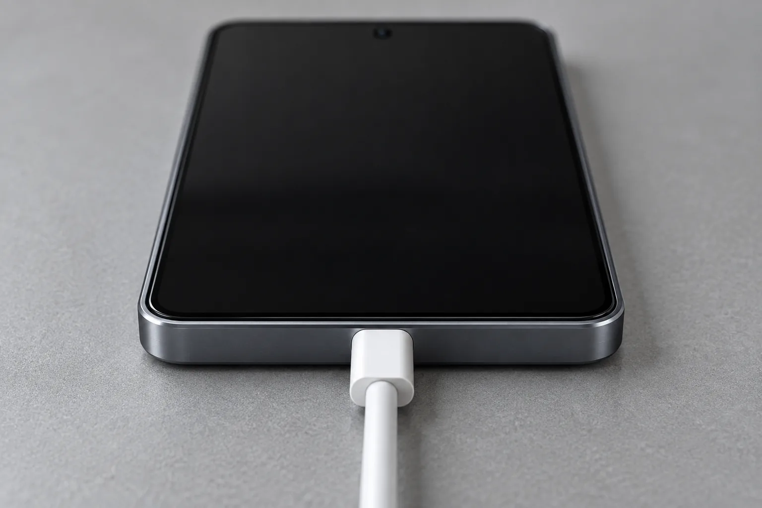 Close view of a plain white USB-C cable seated in the single centered port on the blank bottom edge of a generic Android phone.