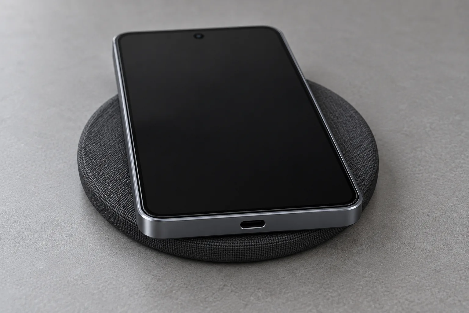 A generic Android phone lying face up on a plain round charging pad, with a centered round camera and no case or attachment.