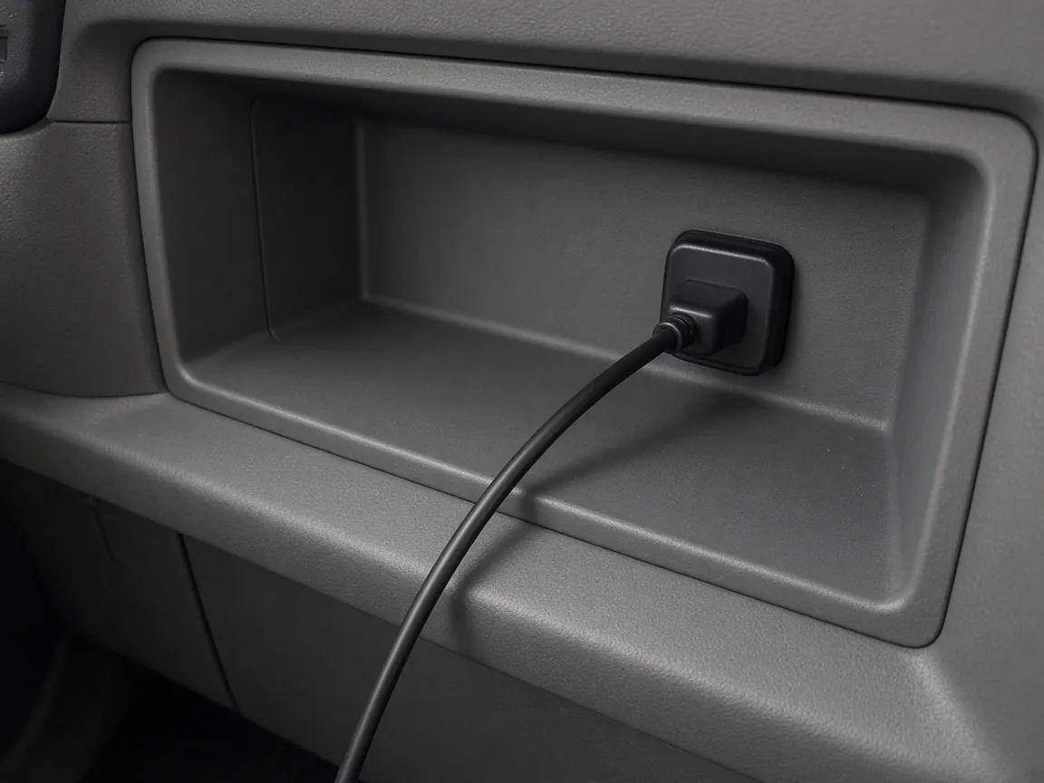 A plain black cable plugged into a port in a gray console bin.