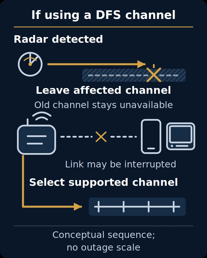 Conditional diagram of radar detection on a DFS channel, vacating that channel and selecting another supported channel.