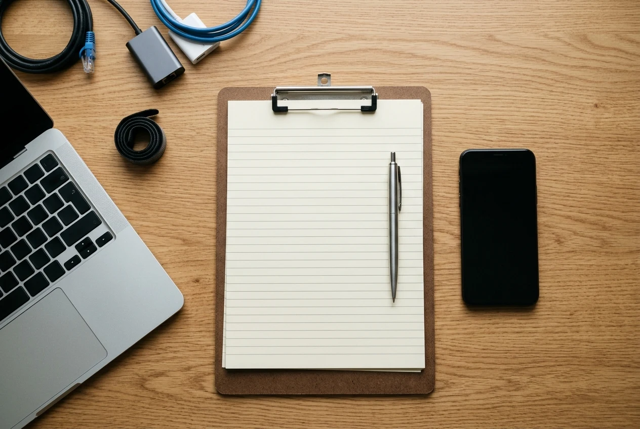 Overhead view of a planning desk with an unbranded smartphone, blank clipboard checklist, metal pen and laptop
