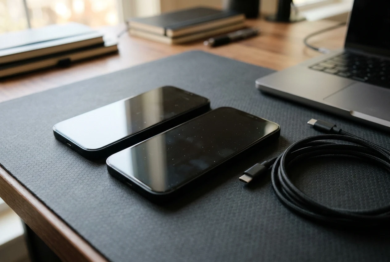 Two unbranded black smartphones on a dark desk mat beside a coiled USB-C cable and laptop